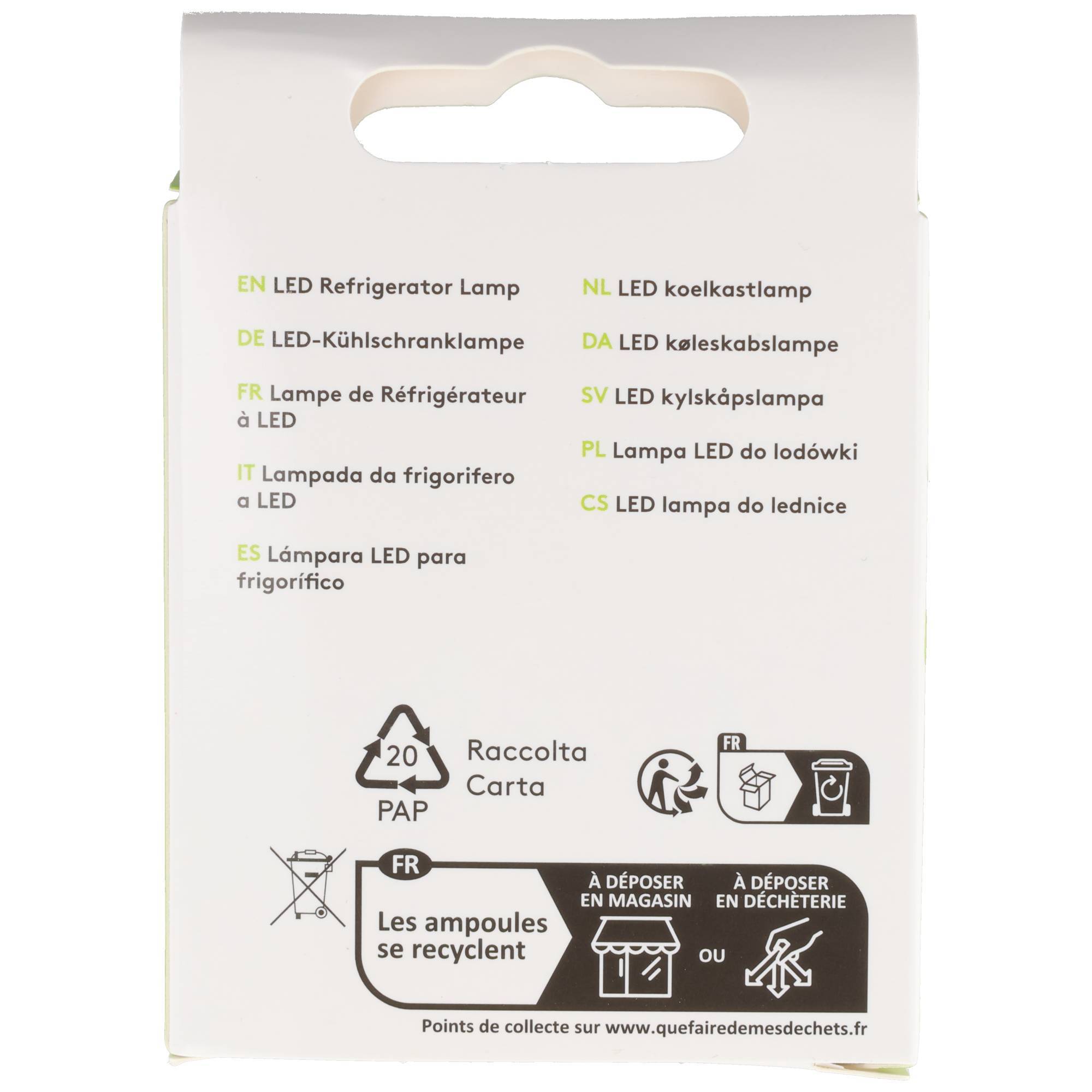 Rückseite einer weißen LED-Kühlschranklampen-Verpackung mit mehrsprachigem Produktnamen und Recyclinganweisungen, einschließlich 