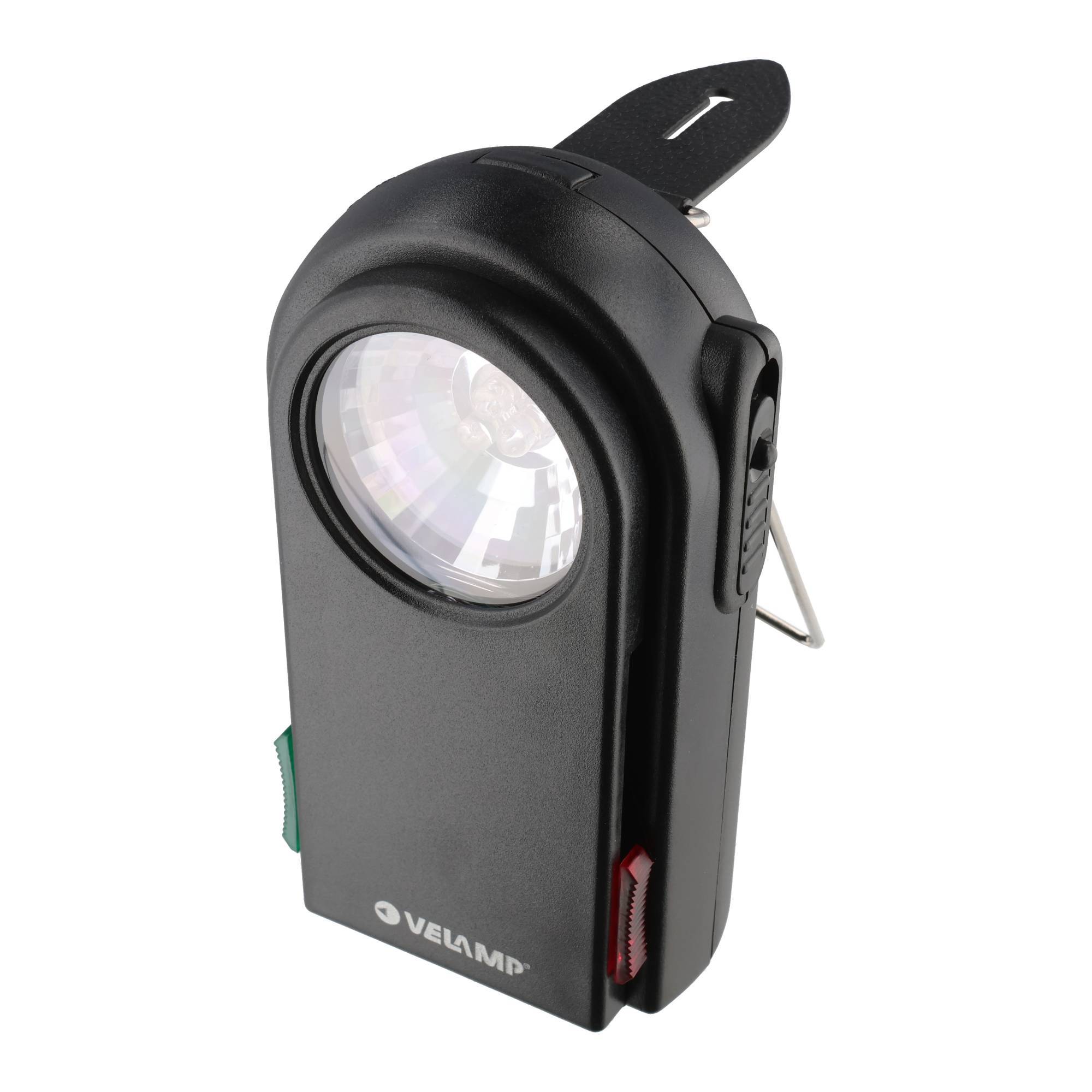 Schwarze tragbare LED-Leuchte mit Clip zum Befestigen an Kleidung oder Ausrüstung, großem frontalen Objektiv, seitlichen Bedienelementen und rückwärtig angebrachtem Federklemme.