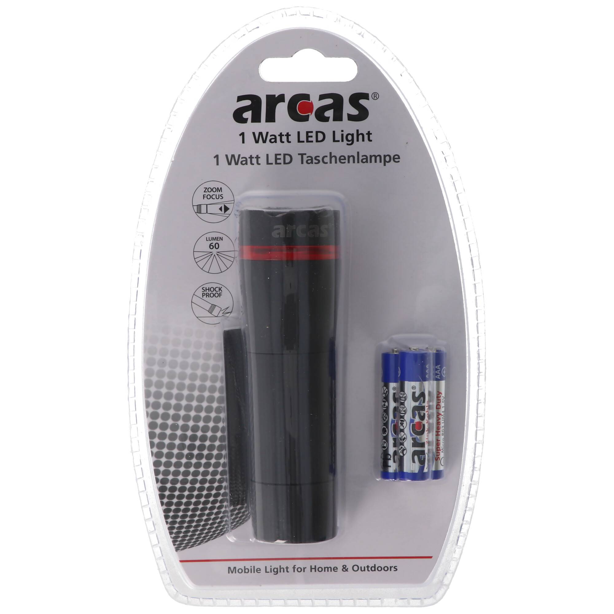 1 Watt LED Zoom Taschenlampe mit Zoom max. 60 Lumen inklusive 3 AAA Micro Batterien