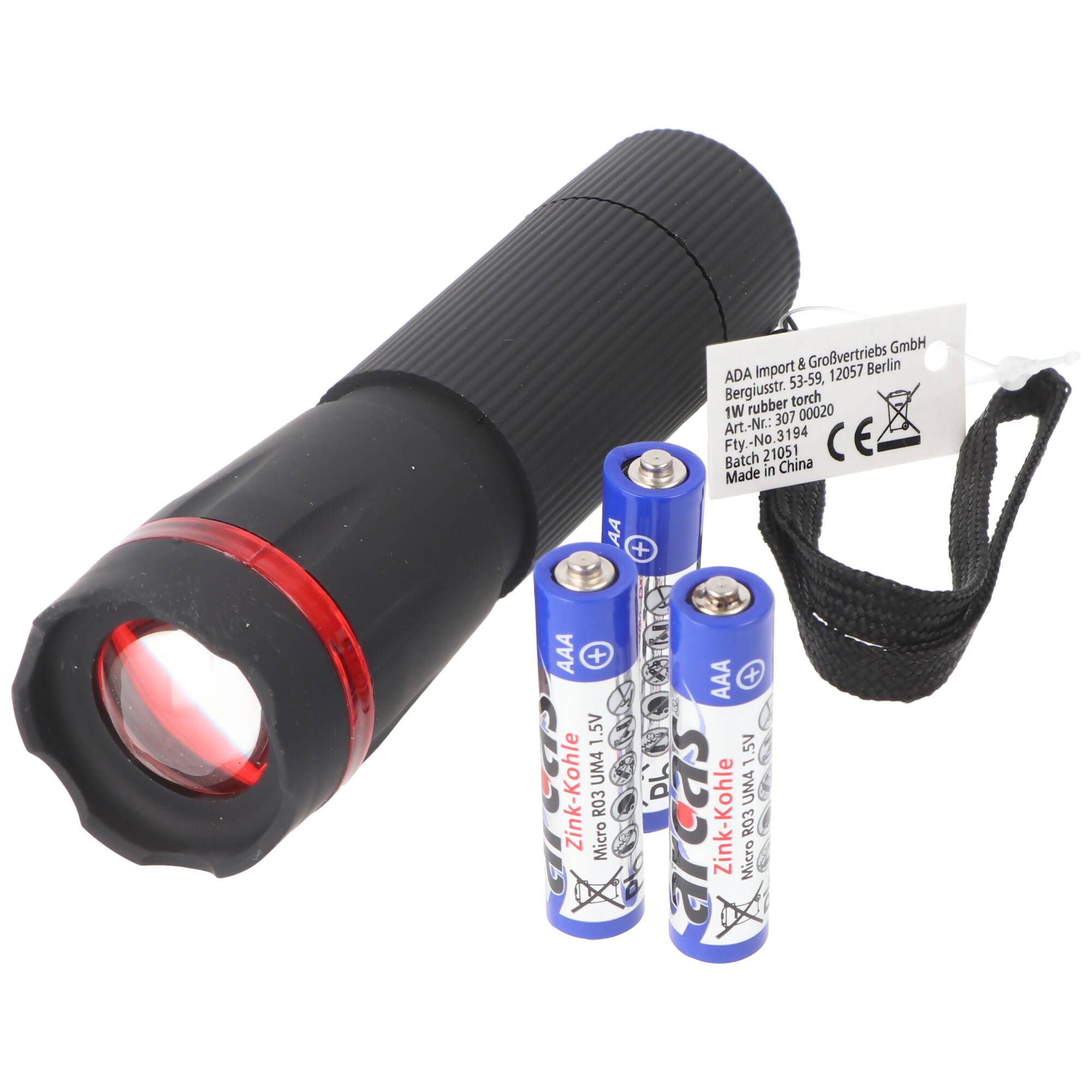 1 Watt LED Zoom Taschenlampe mit Zoom max. 60 Lumen inklusive 3 AAA Micro Batterien