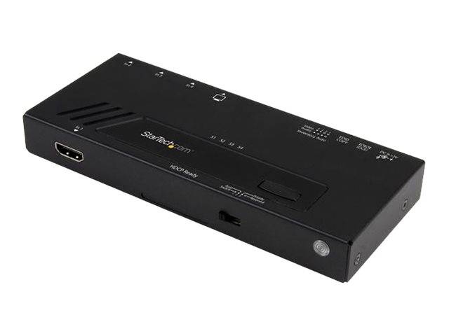 Schwarze rechteckige elektronische Schalterbox mit mehreren Anschlüssen und Beschriftungen, dargestellt auf weißem Hintergrund.