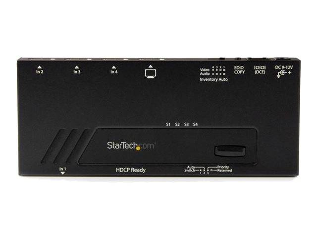 Black StarTech.com HDMI-Umschalter mit vier Eingangsbezeichnungen, EDID-Kopie, automatischer Umschaltung und HDCP-Ready-Text auf der Frontplatte.