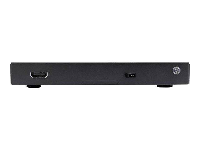 Vorderansicht eines schlanken schwarzen elektronischen Geräts mit einem HDMI-Anschluss auf der linken Seite, einem kleinen Schalter in der Mitte und einer kreisförmigen Stromanzeige auf der rechten Seite.