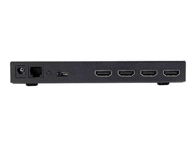 Schwarze Medienbox mit Stromversorgungsbuchse, Ethernet-Anschluss, Schalter und vier HDMI-Anschlüssen auf weißem Hintergrund auf der Rückseite