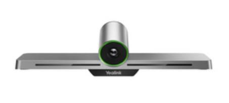 Front-facing Videokonferenz-Kamera mit dualen Seitenmikrofonen, die auf einer grauen Soundbar-ähnlichen Basis montiert sind.