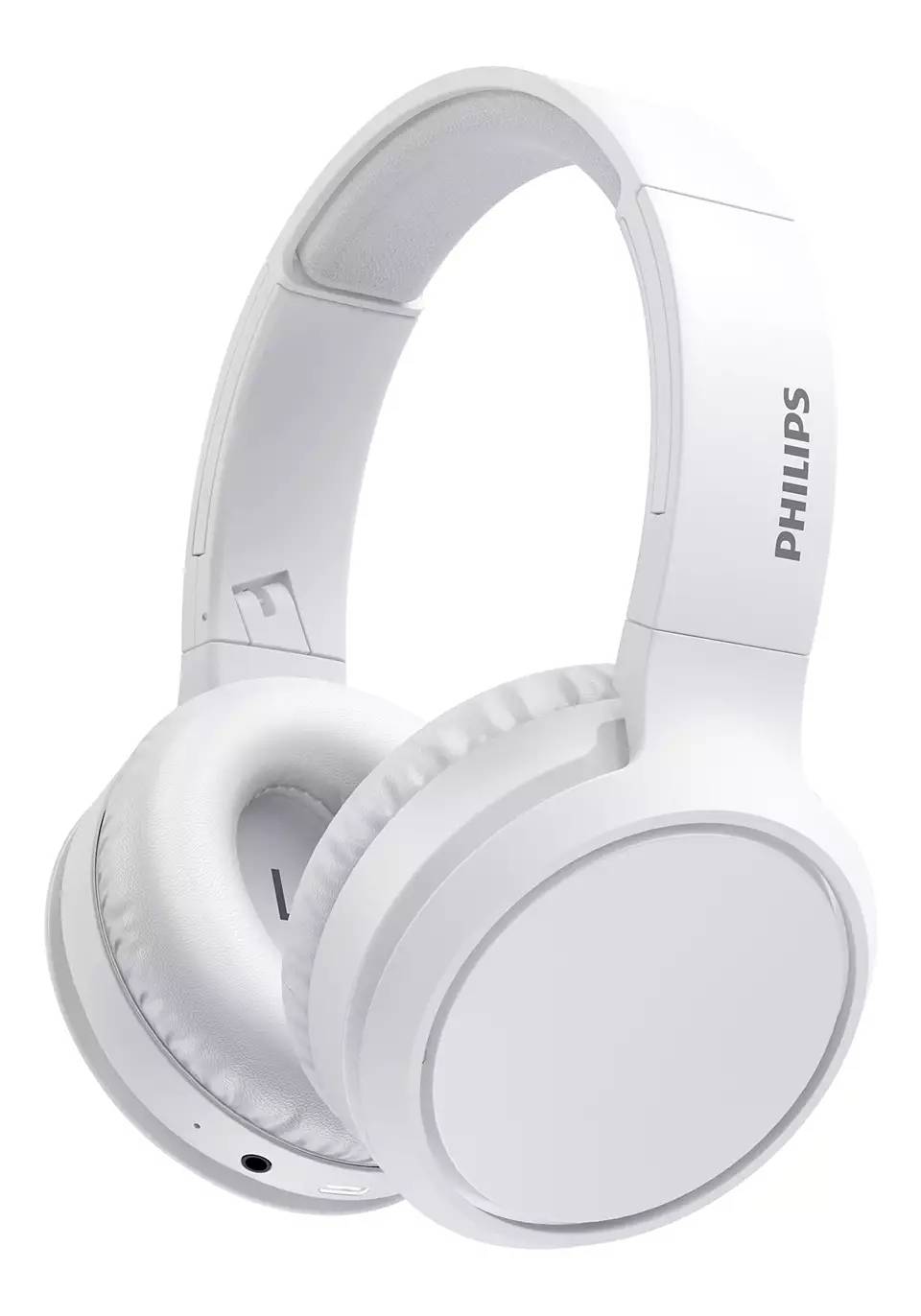 Weiße Over-Ear-Kopfhörer von Philips mit gepolsterten Ohrmuscheln und zusammengeklapptem Kopfbügel auf einfachem Hintergrund.
