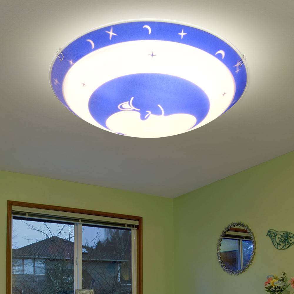 Deckenleuchte Kinderzimmer Glas Kinder Schlafzimmerleuchte Sterne Baby Kinderleuchte Deckenlampe Mond blau, Metall, 1x LED 4W 320Lm warmweiß, DxH