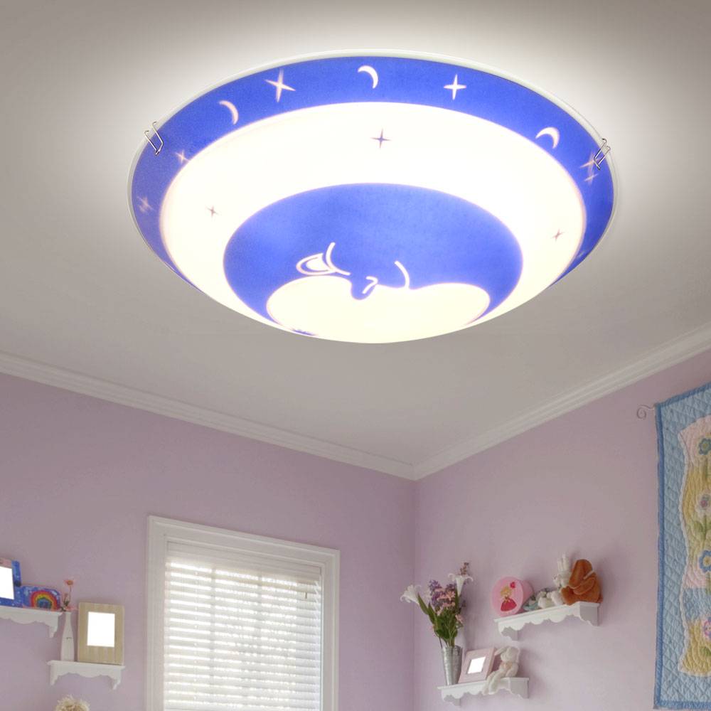 Deckenleuchte Kinderzimmer Glas Kinder Schlafzimmerleuchte Sterne Baby Kinderleuchte Deckenlampe Mond blau, Metall, 1x LED 4W 320Lm warmweiß, DxH