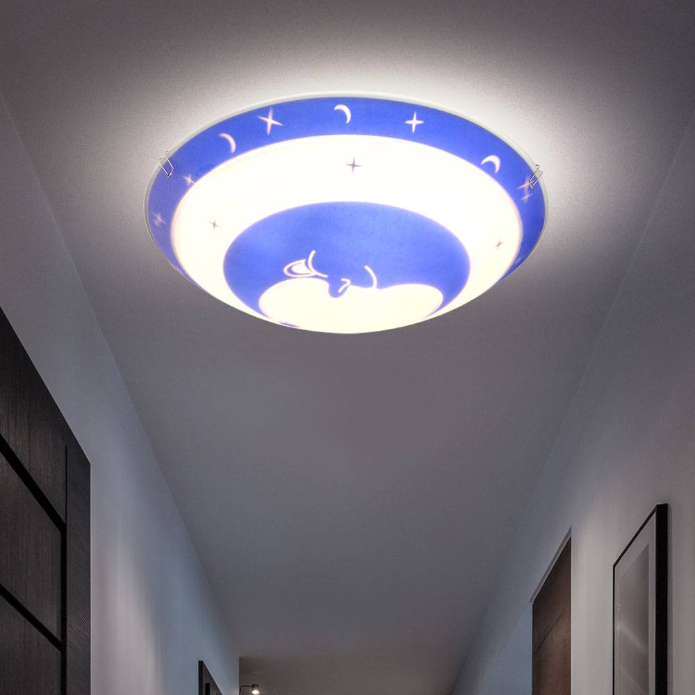 Deckenleuchte Kinderzimmer Glas Kinder Schlafzimmerleuchte Sterne Baby Kinderleuchte Deckenlampe Mond blau, Metall, 1x LED 4W 320Lm warmweiß, DxH