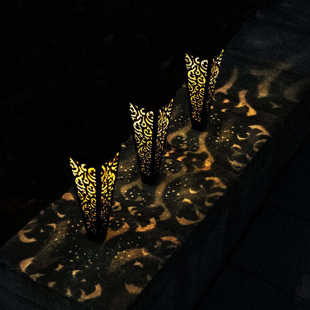 3er Set LED Solar Steck Leuchten Außen Erdspieß Garten Strahler Terrassen Lampen schwarz-gold