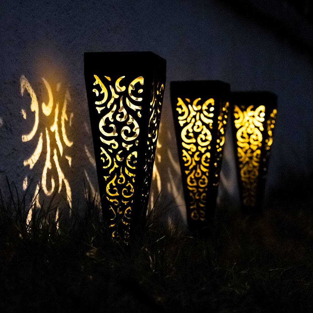 3er Set LED Solar Steck Leuchten Außen Erdspieß Garten Strahler Terrassen Lampen schwarz-gold