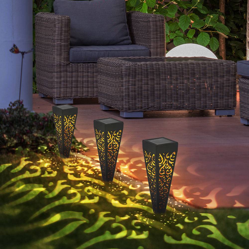 3er Set LED Solar Steck Leuchten Außen Erdspieß Garten Strahler Terrassen Lampen schwarz-gold
