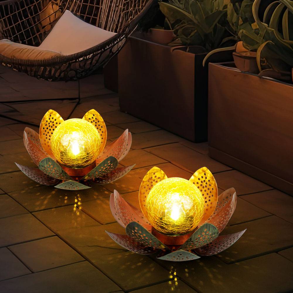 Garten Außenlampen Solarleuchte dekorative LED Solarleuchte im Lotusblüten Design, Glaskugel goldfarben, LED, 22cm, Terrasse, 2er Set