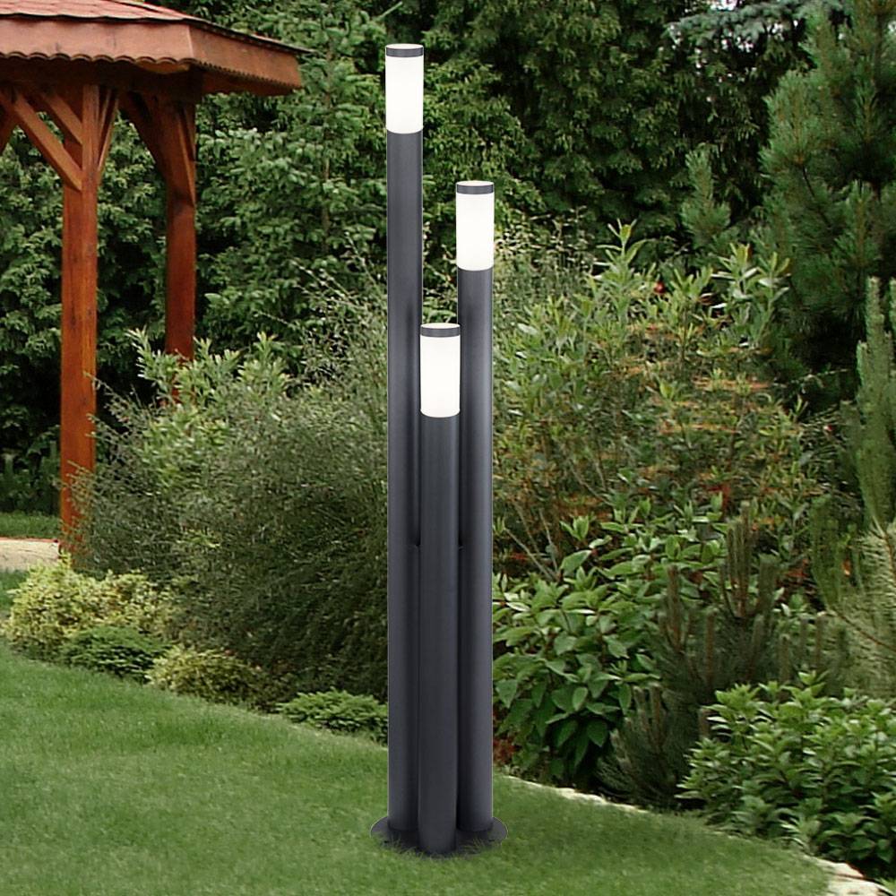 Außen Steh Leuchte Edelstahl anthrazit Garten Stand Lampe 3-Säulen Terrassen Strahler im Set inkl. LED Leuchtmittel
