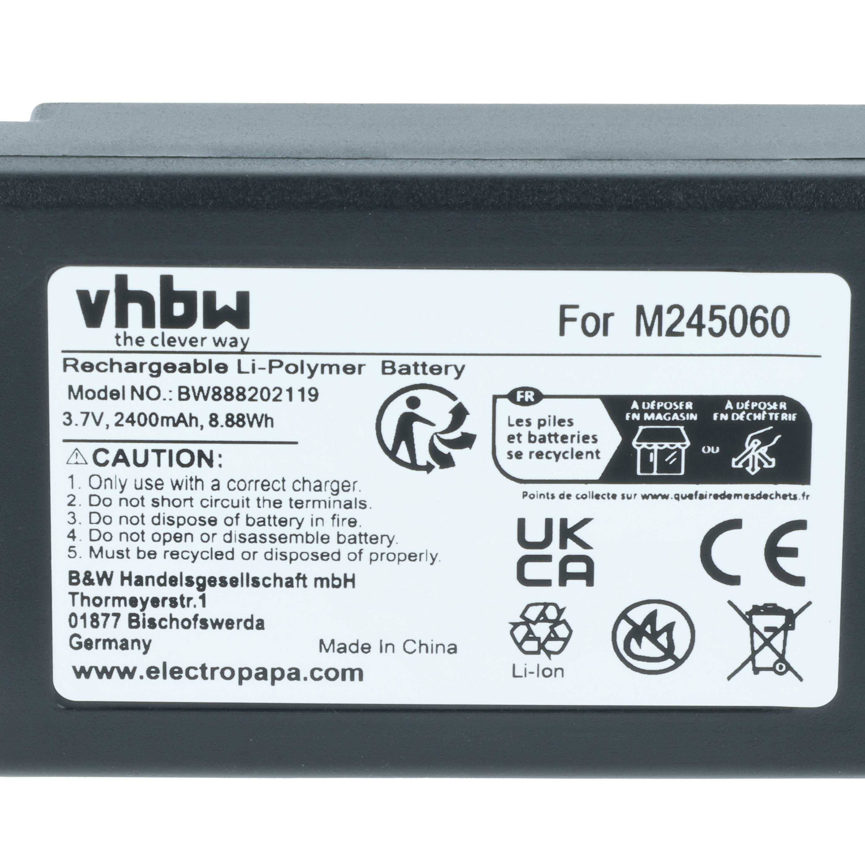 Batterie-Etikett mit Marke 'vhbw', Modell 'BW88820119', für 'M245060'. Eigenschaften: 3,7V, 2400mAh, 8,88Wh; Warnhinweise und Herstellerangaben.