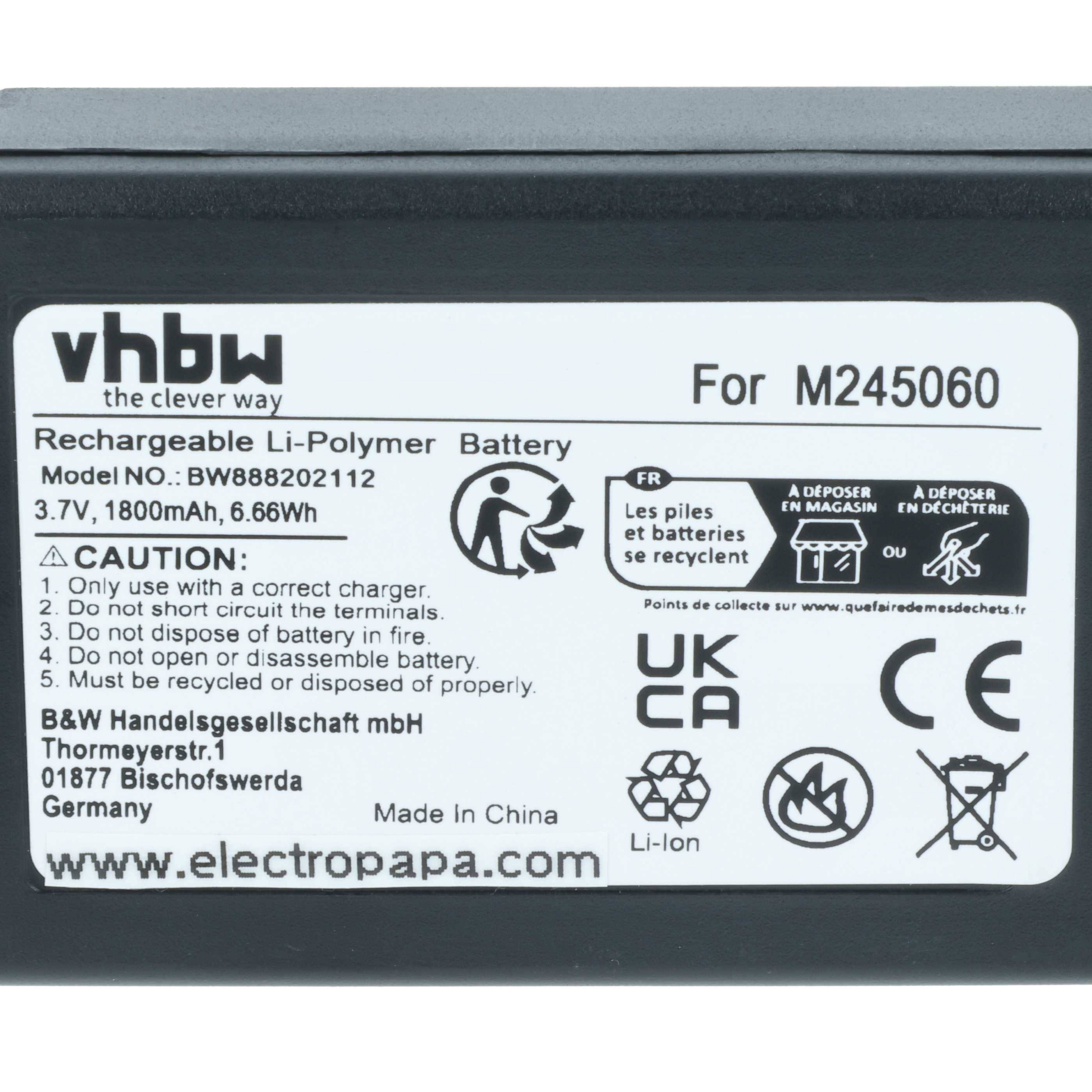 VHBW Wiederaufladbare Li-Polymer-Batterie, Modell-Nr.: BW888202112, 3,7V, 1800mAh, 6,66Wh. Vorsicht: Korrekt verwenden, nicht kurzschließen und nicht ins Feuer werfen.
