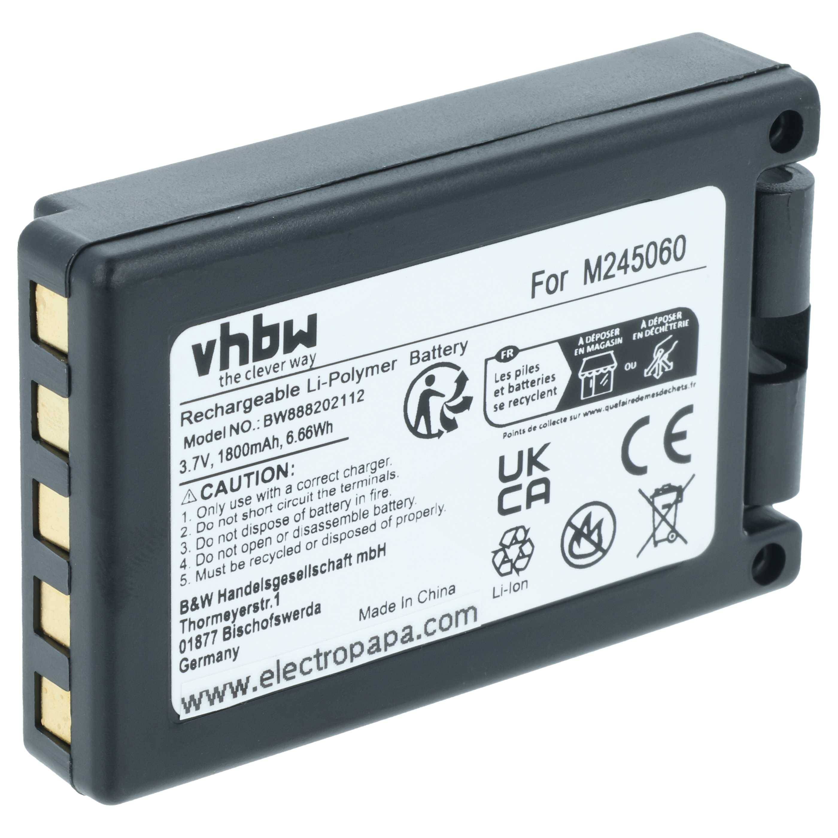 vhbw Akku Ersatz für Teleradio M245060, 22.381.2, D00004-02 für Industrie-Funkfernsteuerung Fernbedienung (1800 mAh, 3,7 V, Li-Polymer) - Schwarz