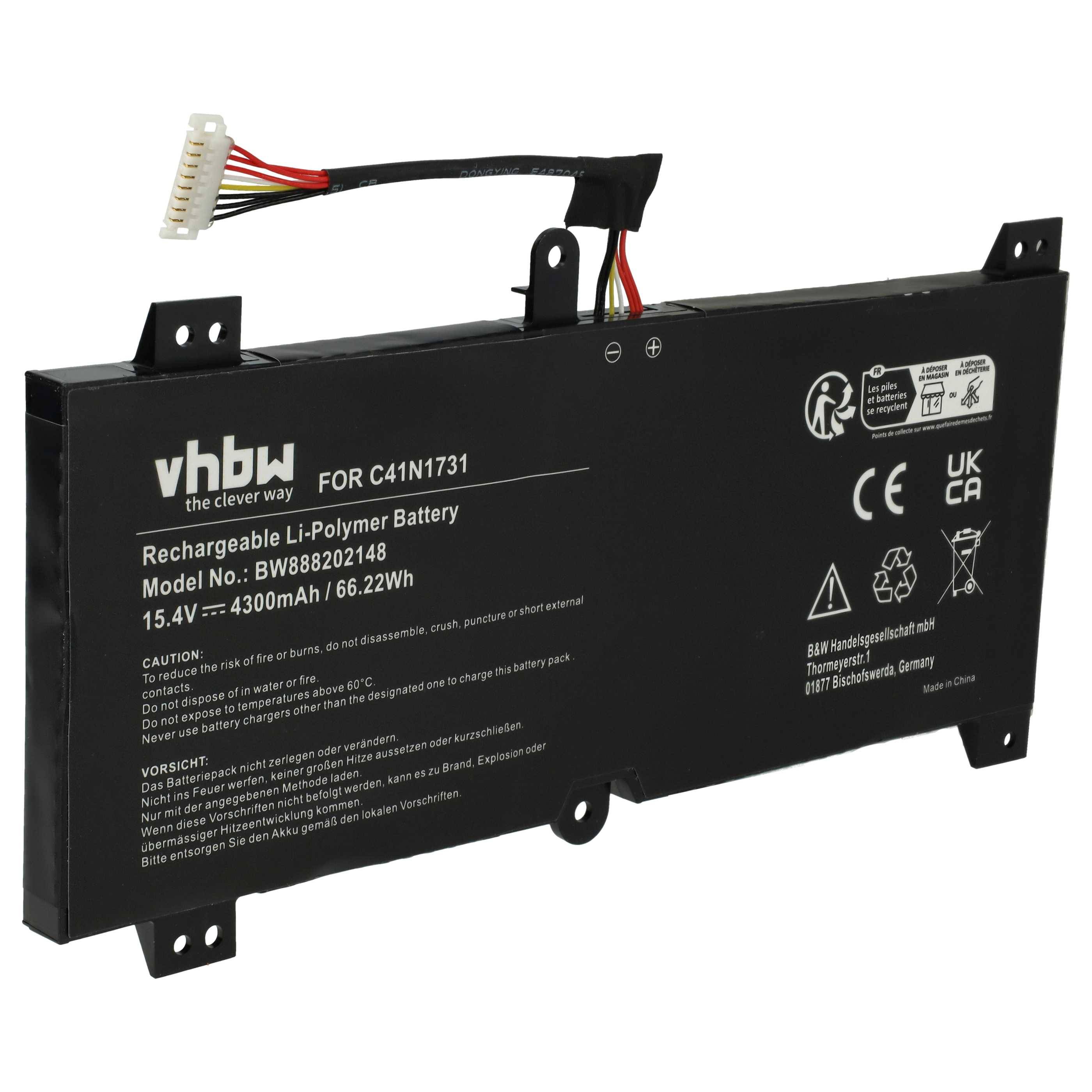 vhbw 1x Akku kompatibel mit Asus Rog Strix GL504GM-ES044T, Strix GL504GM-ES040T Notebook (4300 mAh, 15,4 V, Li-Polymer)