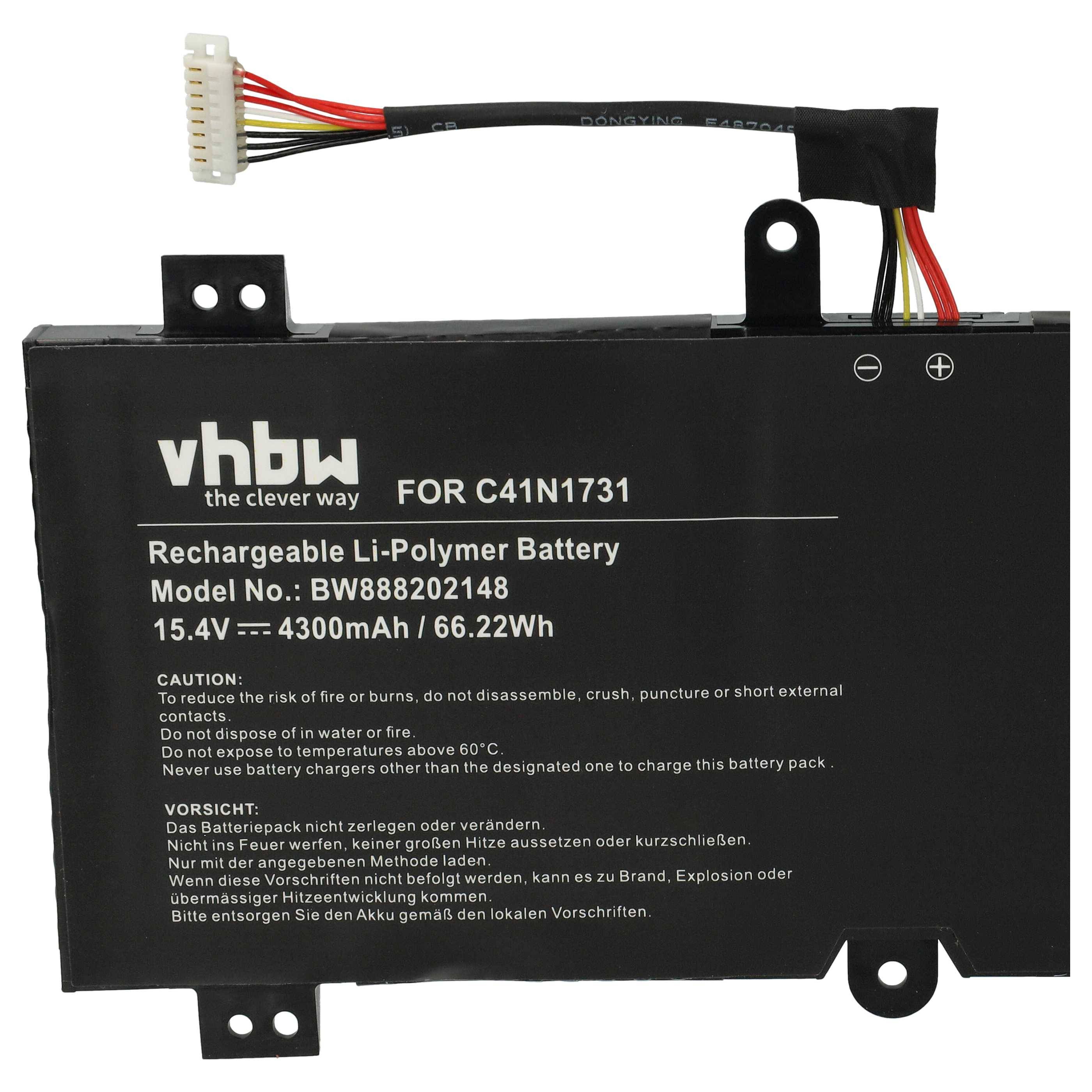 vhbw 1x Akku kompatibel mit Asus Rog Strix Scar II GL504GW-DS74, Strix Scar II GL504GV-ES093T Notebook (4300 mAh, 15,4 V, Li-Polymer)