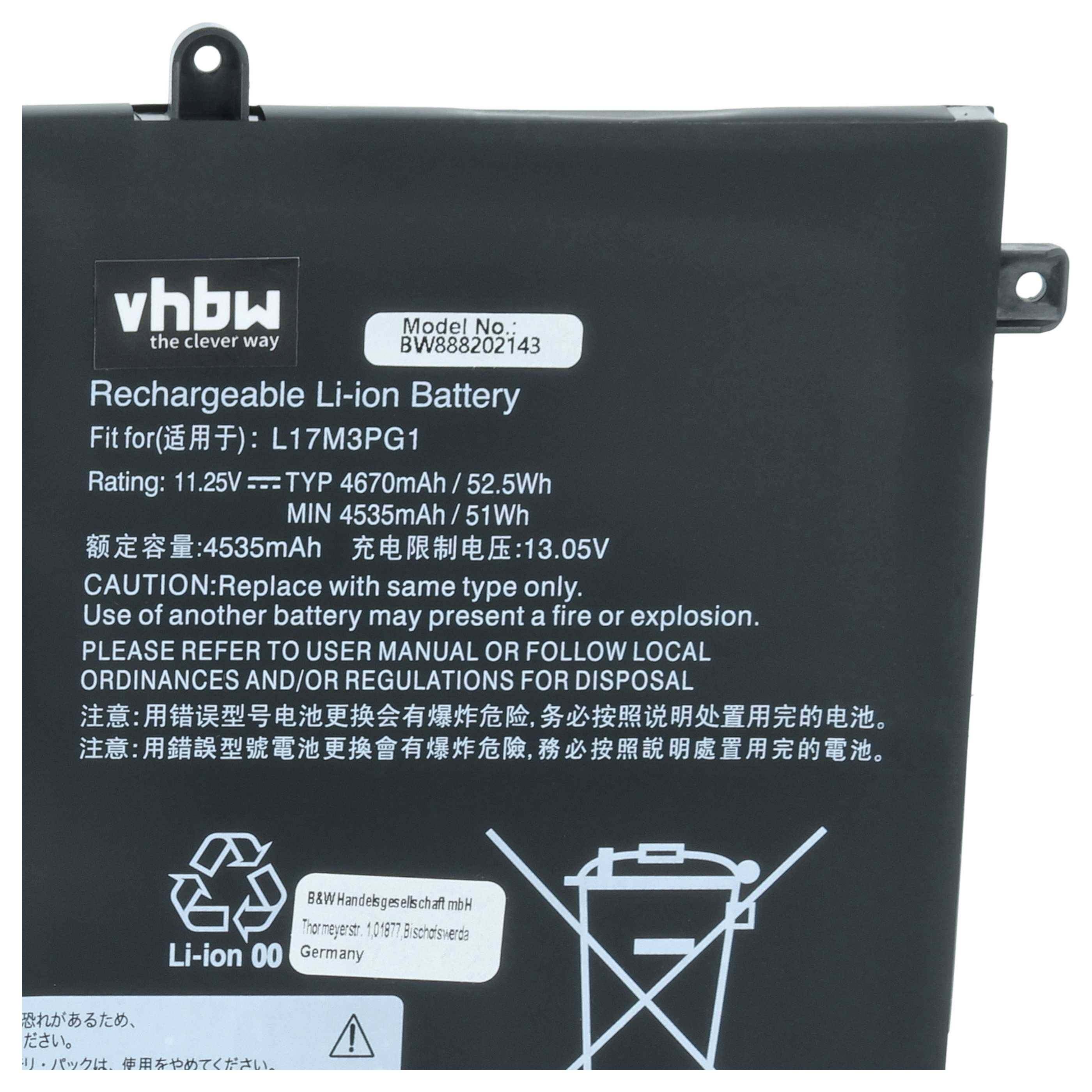 vhbw Akku Ersatz für Lenovo L17S3PG1, L17M3PG3, L17M3PG2 für Notebook (4400 mAh, 11,25 V, Li-Polymer)