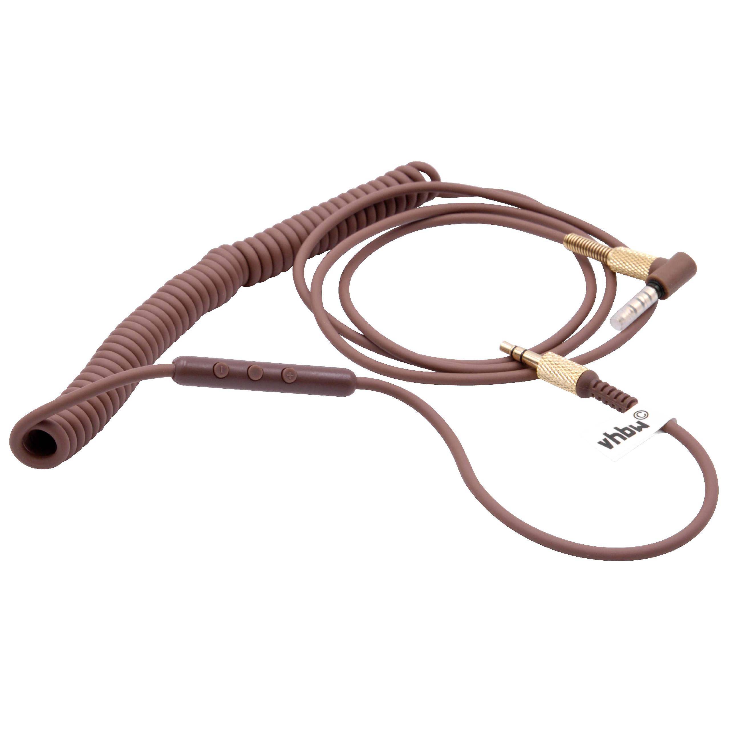 Ein braunes gewickeltes Audiokabel mit goldenen Anschlüssen und einer Inline-Steuerung mit Tasten, entwickelt für Kopfhörer oder Audiogeräte.