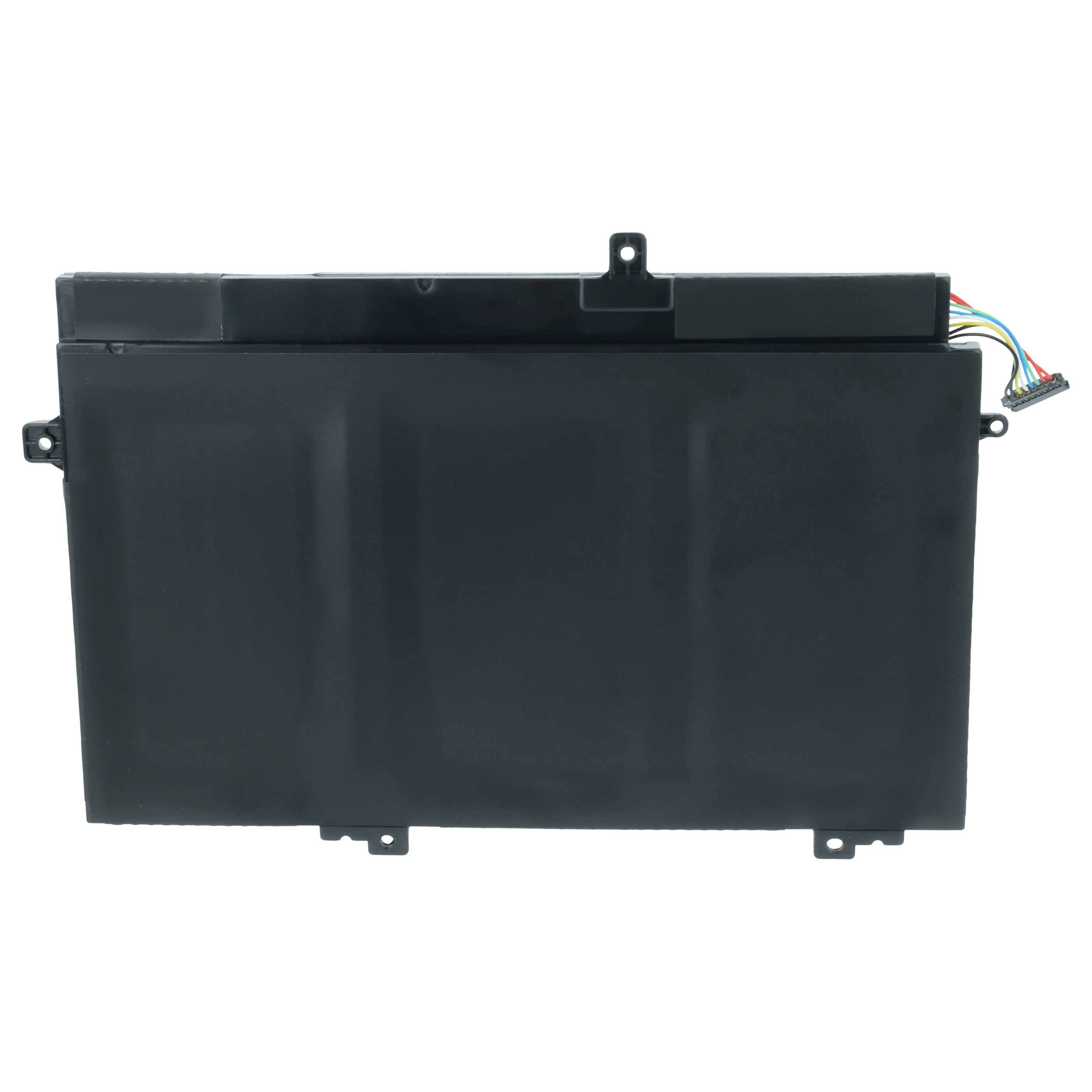 Eine rechteckige schwarze Laptop-Batterie mit angeschlossenen farbigen Kabeln in der oberen rechten Ecke.