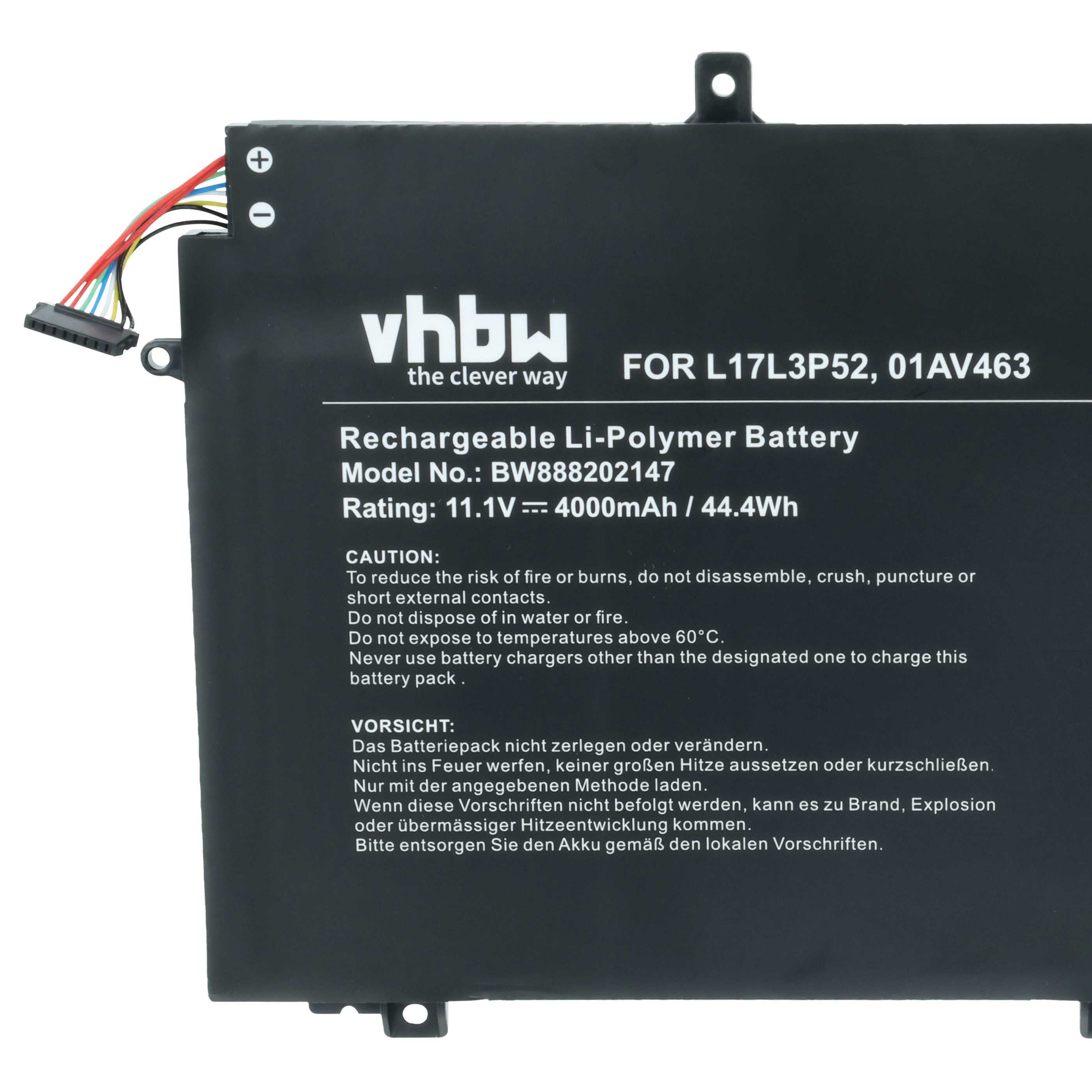 Eine Lithium-Polymer-Batterie mit der Modellnummer BW888820147, 4000mAh, 44,4Wh. Warnhinweis rät von Exposition gegenüber Feuer und der Verwendung nicht vorgesehener Ladegeräte ab.