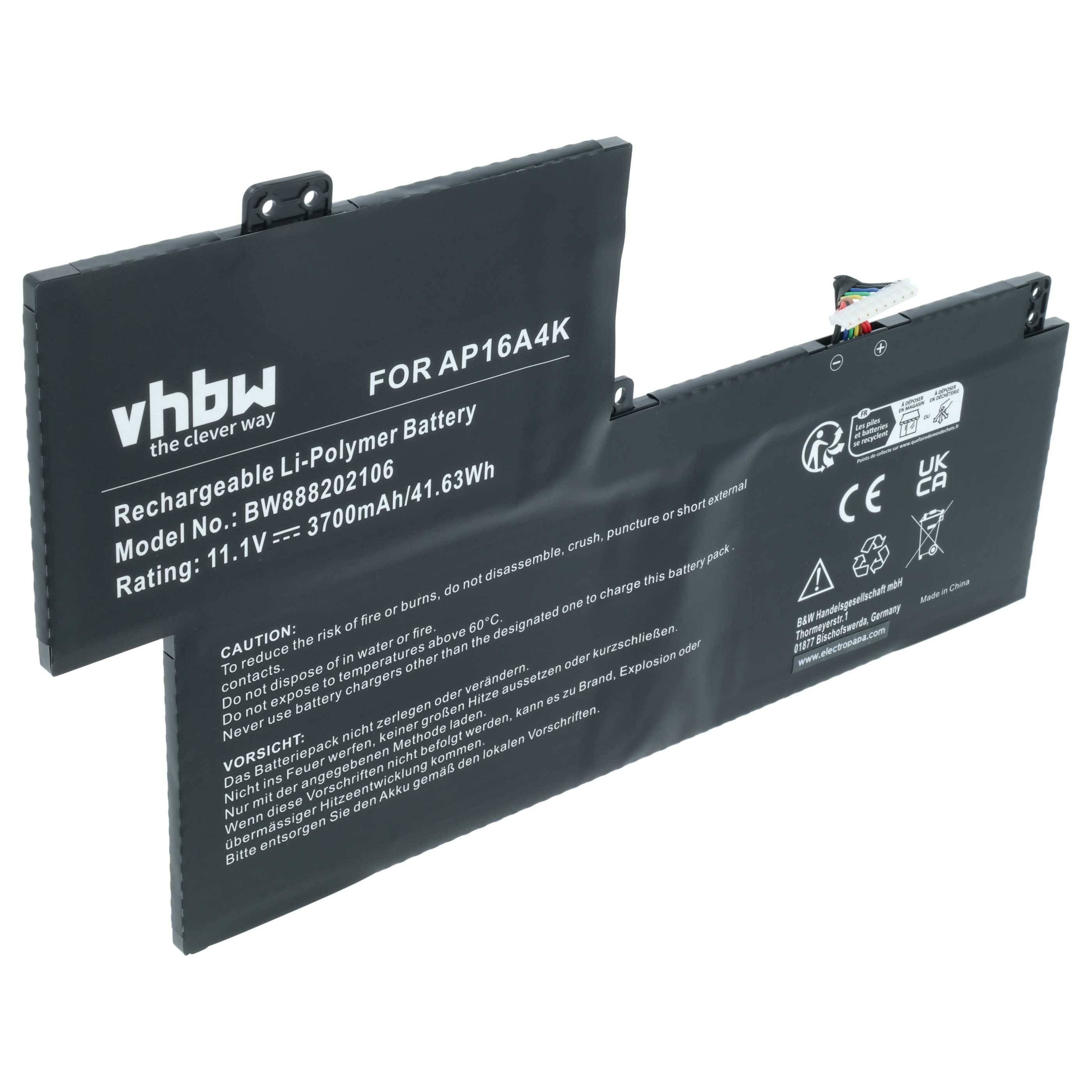 vhbw Akku kompatibel mit Acer Swift 1 SF113-31-P4ZD, 1 SF113-31-P4YX, 1 SF113-31-P52E Notebook (3700 mAh, 11,25 V, Li-Polymer)