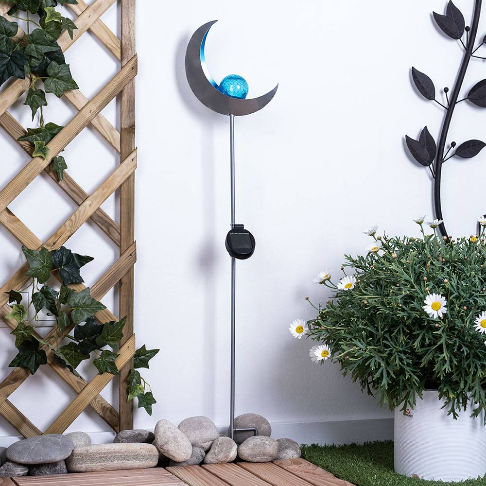LED Solar Außen Steck Erdspieß Lampe Flammen Effekt silber Garten Glas Kugel blau Hof Deko Leuchte