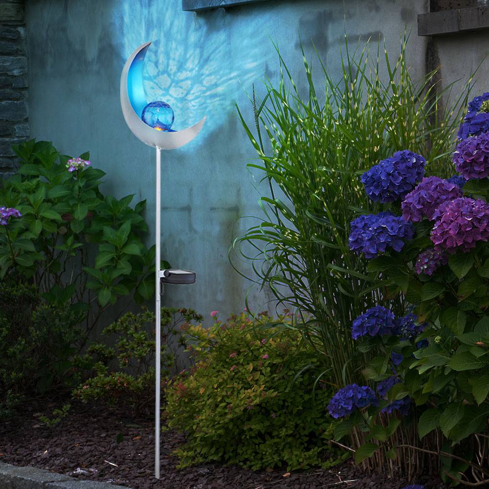 LED Solar Außen Steck Erdspieß Lampe Flammen Effekt silber Garten Glas Kugel blau Hof Deko Leuchte