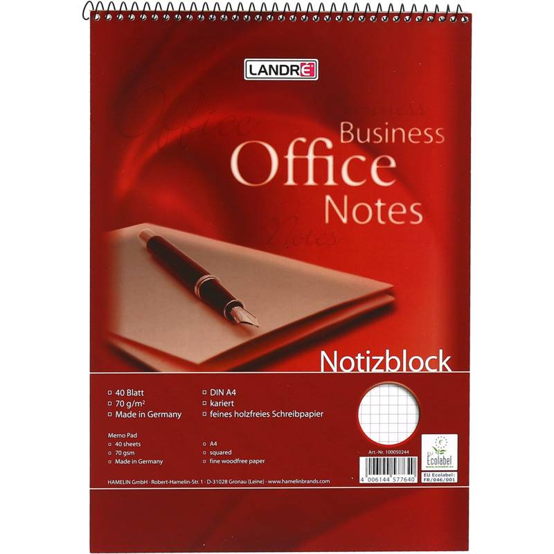 LANDRÉ Spiralnotizblock, DIN A4, 40 Blatt, kariert