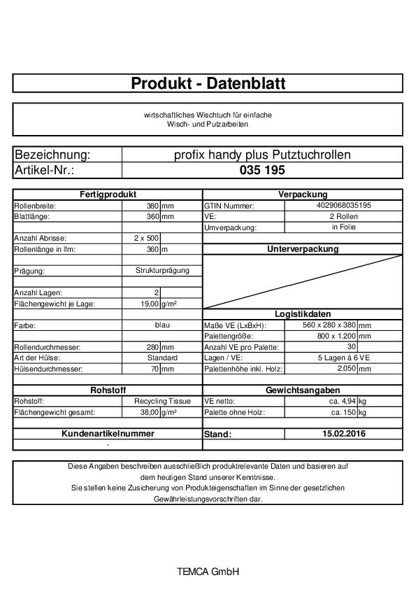Putztuchrolle profix® handy plus L380xB360ca.mm blau 2-lagig,perforiert PROFIX