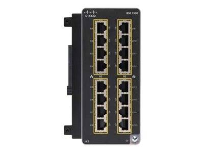 Cisco Industrial Ethernet-Switch-Modul mit 16 RJ45-Anschlüssen, angeordnet in vier vertikalen Reihen, Frontansicht auf weißem Hintergrund.