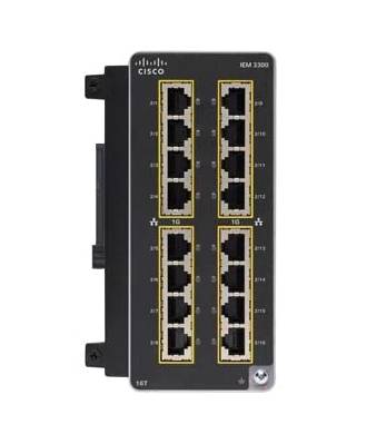 Cisco IE-3300 Netzwerk-Switch-Modul mit 16 Ethernet-Ports, die in vier vertikalen Gruppen auf einer schwarzen Frontplatte angeordnet sind.
