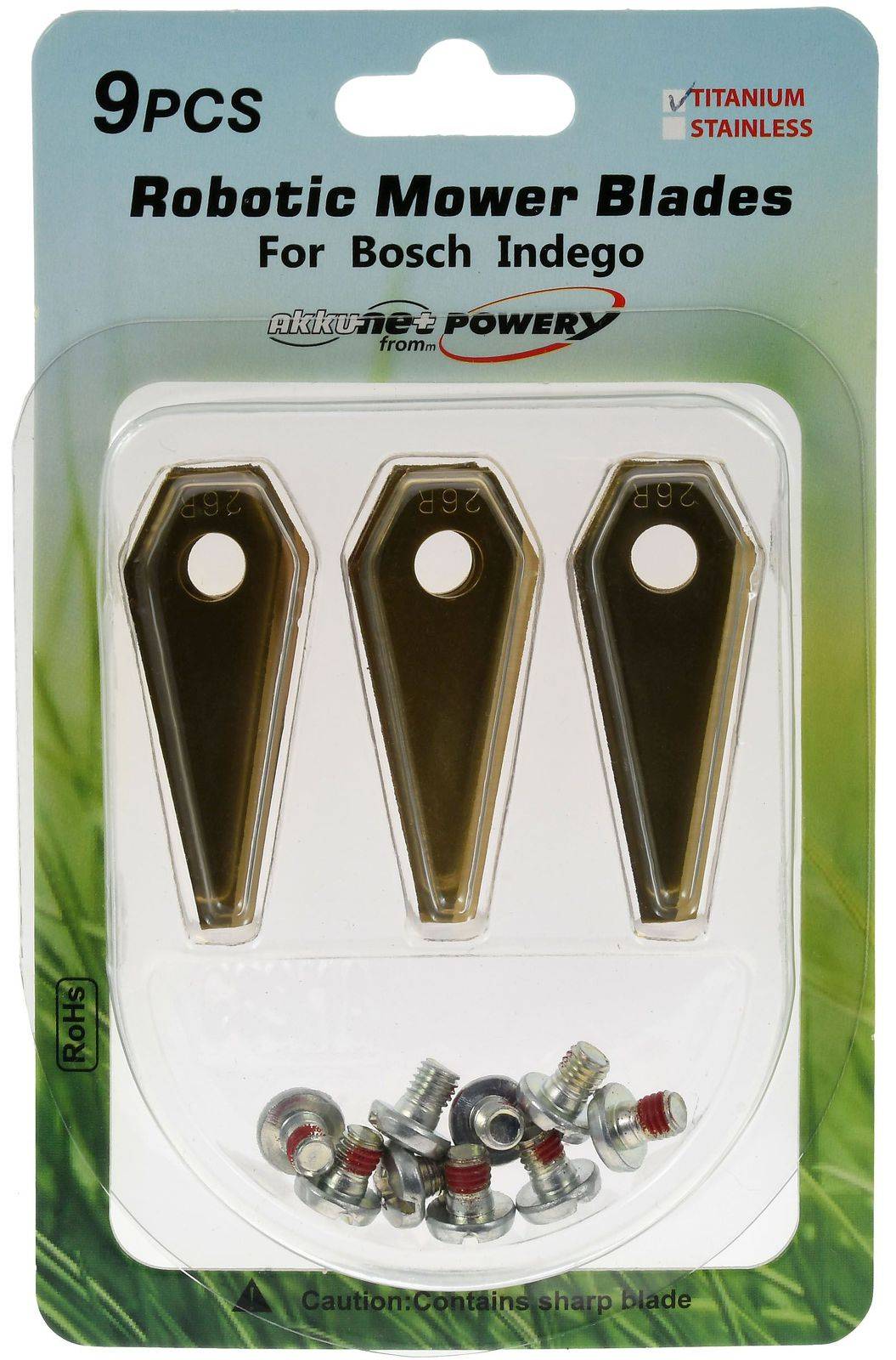 Powery 9x Ersatz-Messer Titan Klingen / Schneid-Klingen (1mm) kompatibel mit Bosch Indego Mähroboter Gold