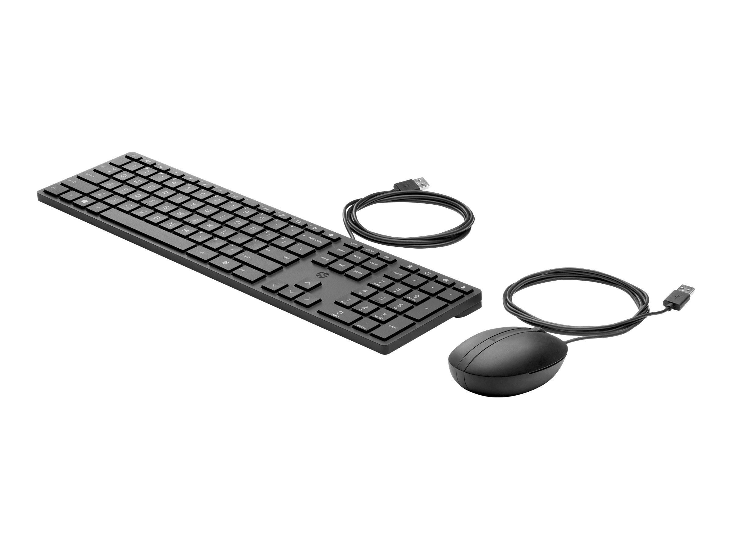 Schwarze schnurgebundene Tastatur und Maus mit USB-Kabeln auf weißem Hintergrund.