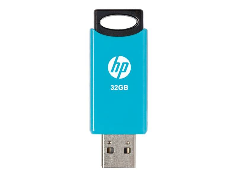 Blauer HP 32GB USB-Stick mit schwarzer Kappe und Metallstecker, gezeigt auf weißem Hintergrund.