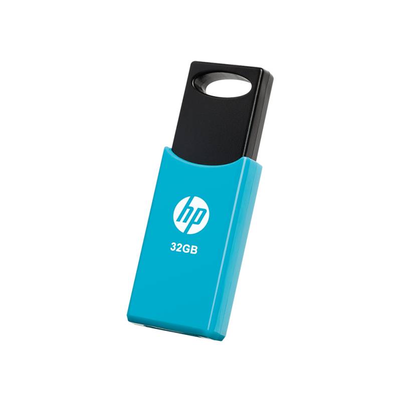 Blauer und schwarzer HP 32GB USB-Stick auf schwarzem Hintergrund.