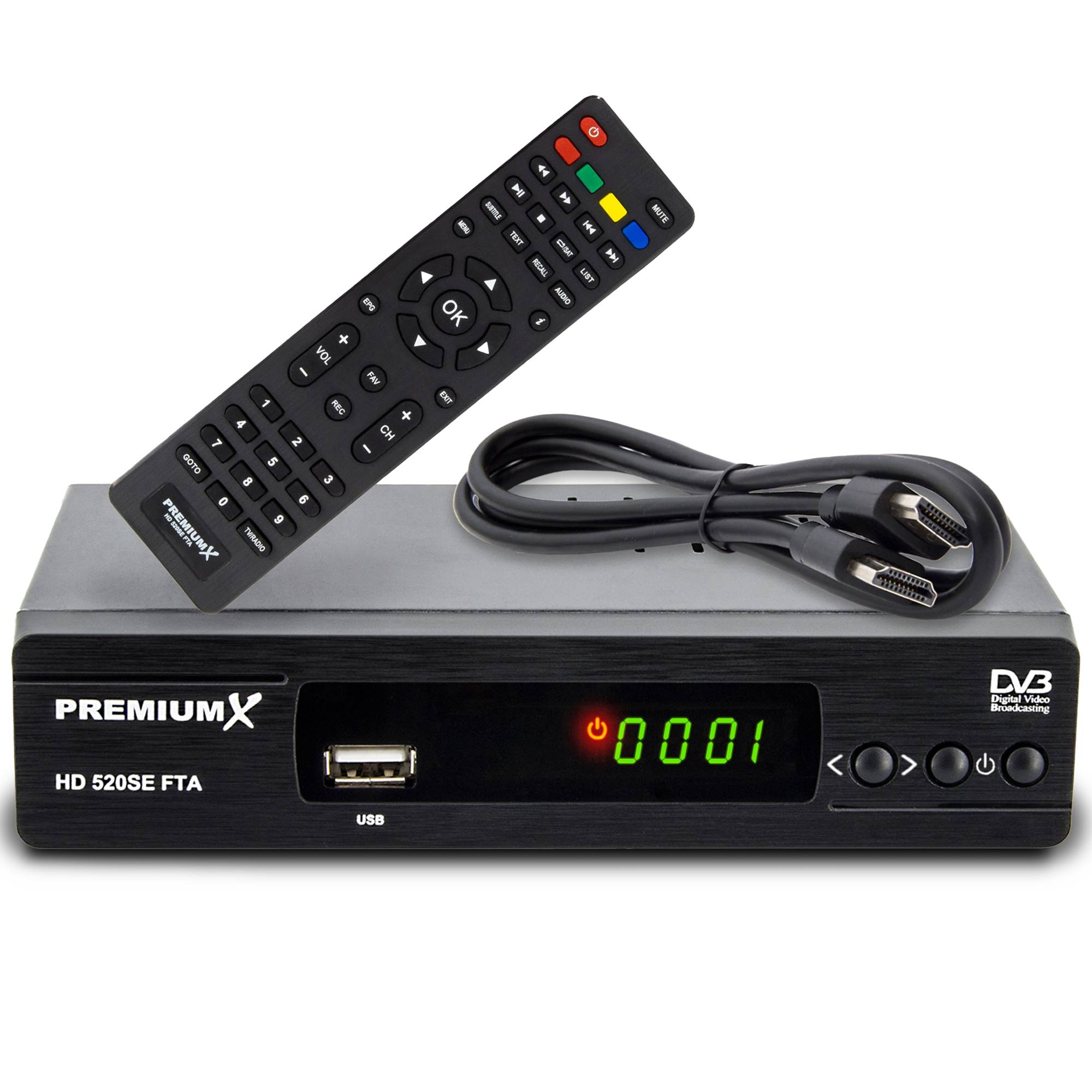 PremiumX Satelliten-Receiver HD 520SE FTA Digital SAT TV Receiver DVB-S2 FullHD HDMI SCART 2x USB Multimedia-Player, Astra Hotbird vorprogrammiert