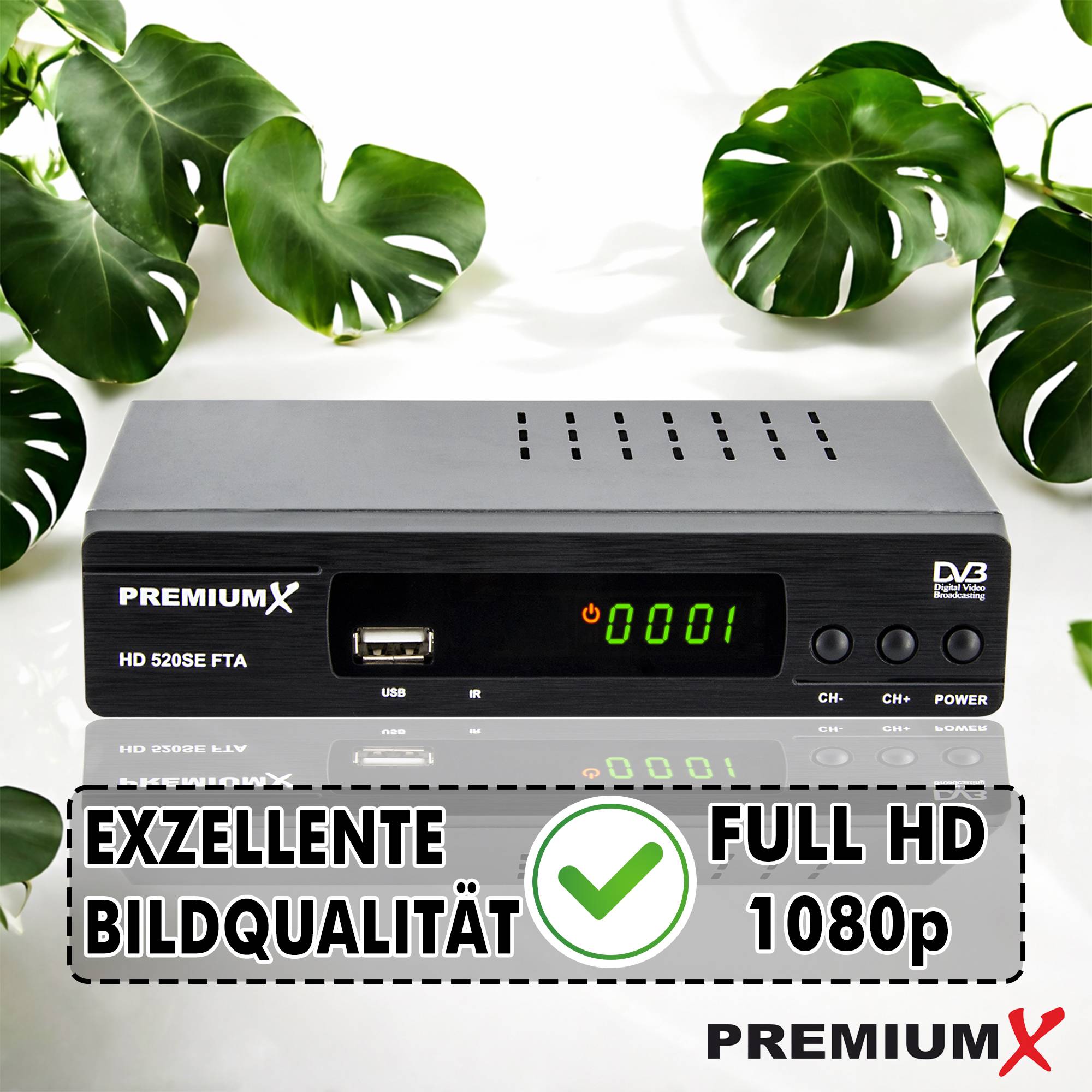 Ein digitaler Fernseh-Empfänger mit der Bezeichnung „PremiumX HD 5205 FTA