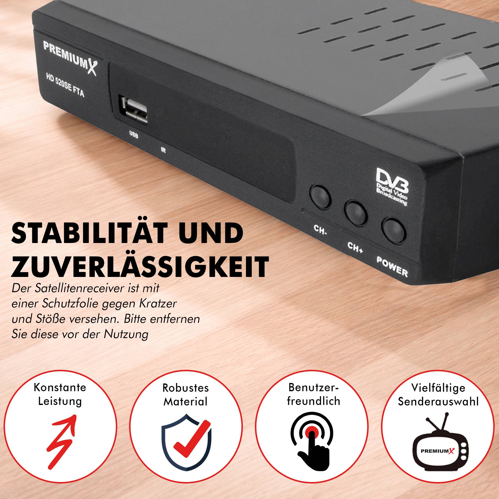 Ein schwarzer digitaler Empfänger mit dem Text „Stabilität und Zuverlässigkeit