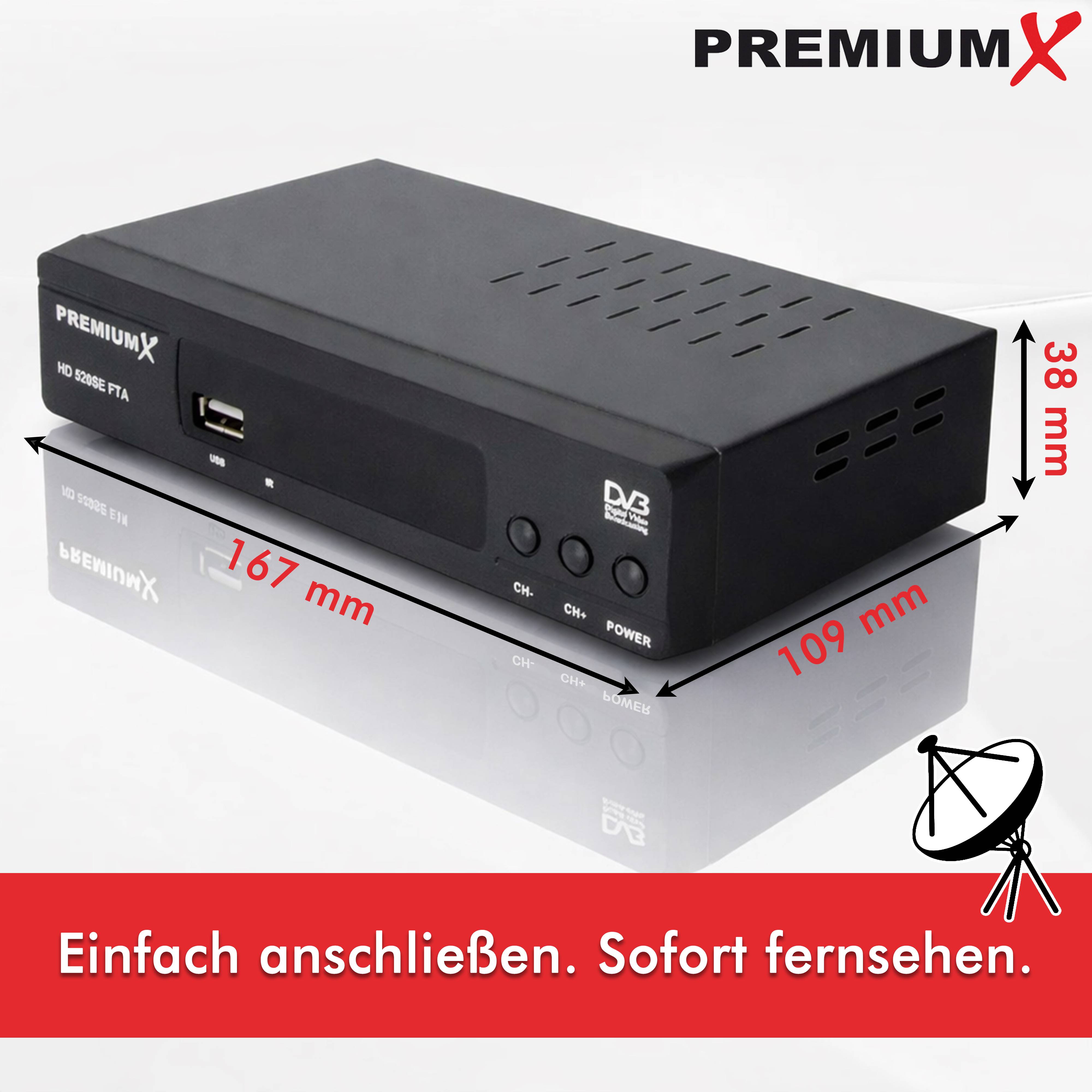 Ein rechteckiger schwarzer HD-Receiver mit beschrifteten Abmessungen: 167 mm (Länge), 109 mm (Breite), 38 mm (Höhe). Der Text darunter lautet: „Einfach anschließen. Sofort fernsehen.