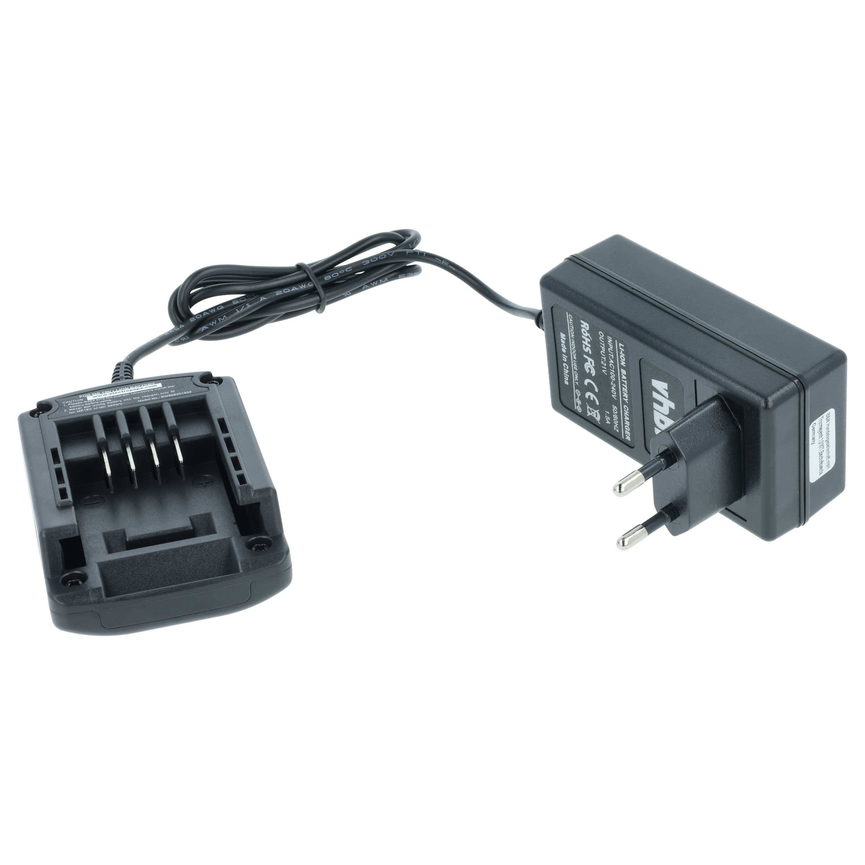 Ein schwarzes Stecker-Batteriladegerät mit europäischem Stecker und angebrachtem Kabel zum Anschluss an ein Batteriepack.