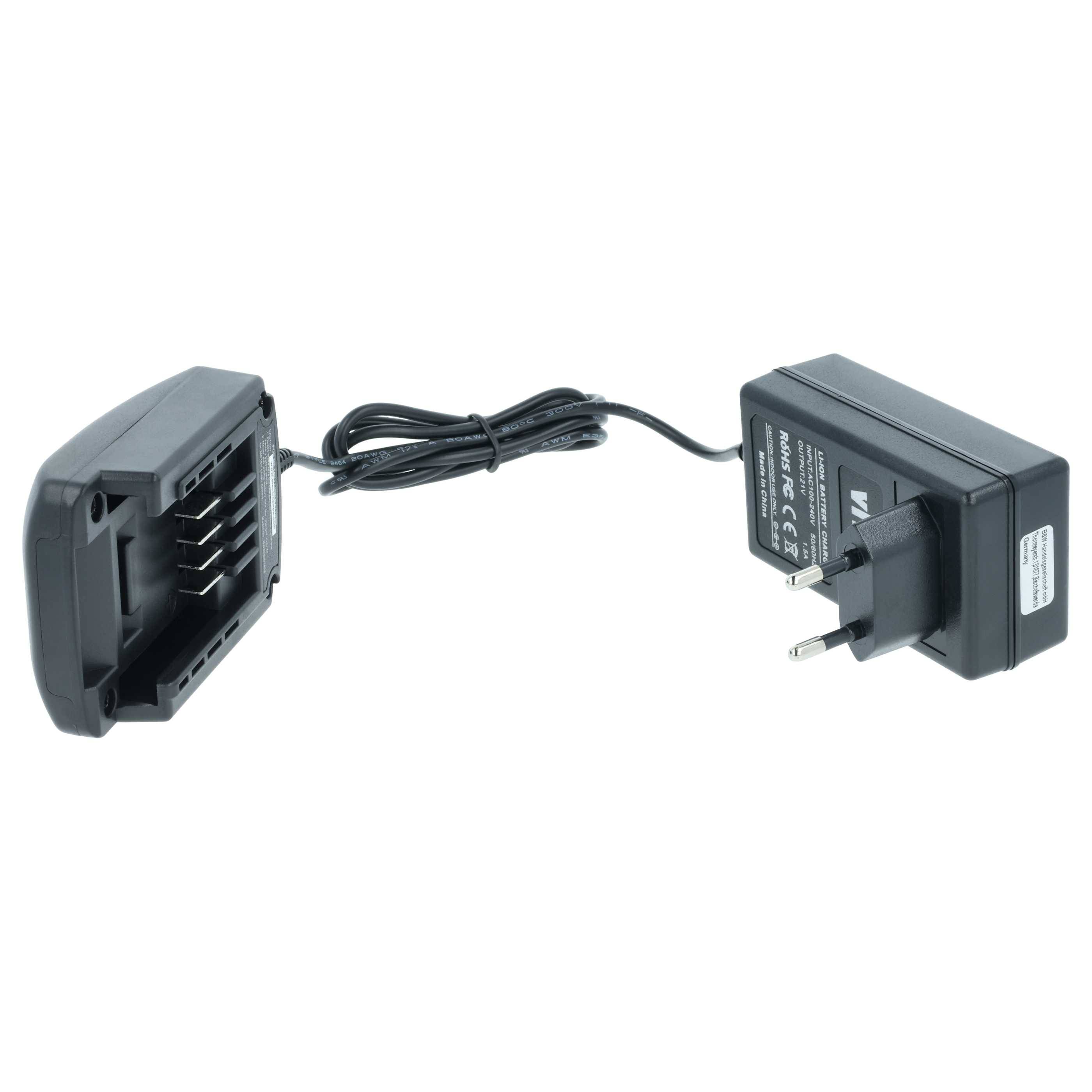 Schwarzer Batterieladegerät mit Netzteil und Kabel.