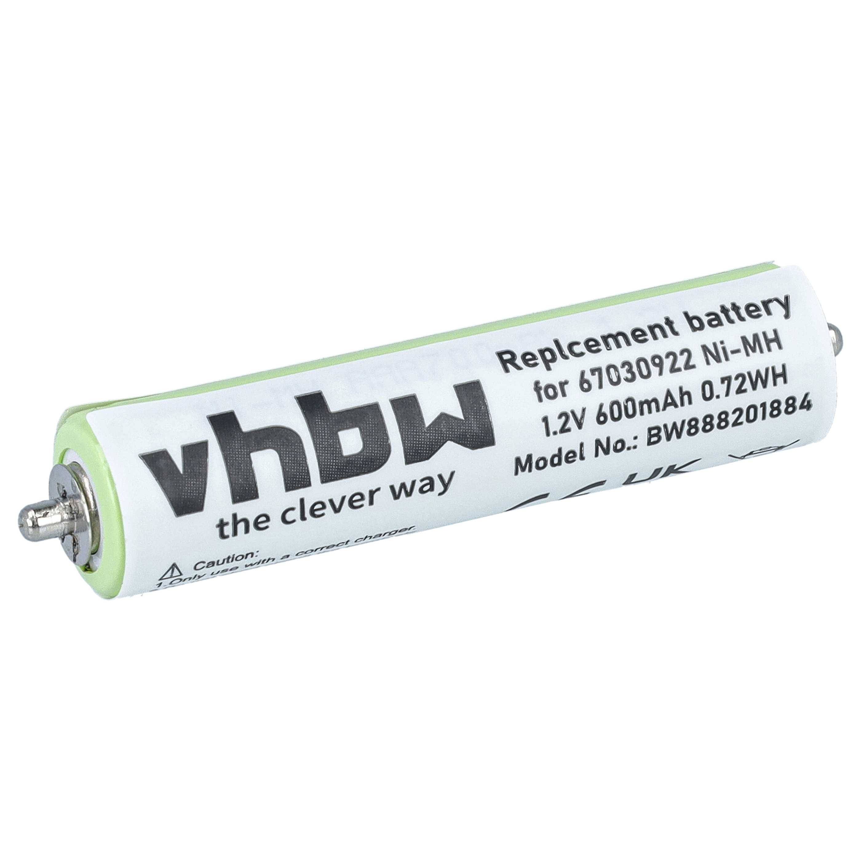 VHBW Ersatz-Ni-MH-Akkupack, 1,2V 600mAh, gezeigt in zylindrischem weiß-grünem Gehäuse.