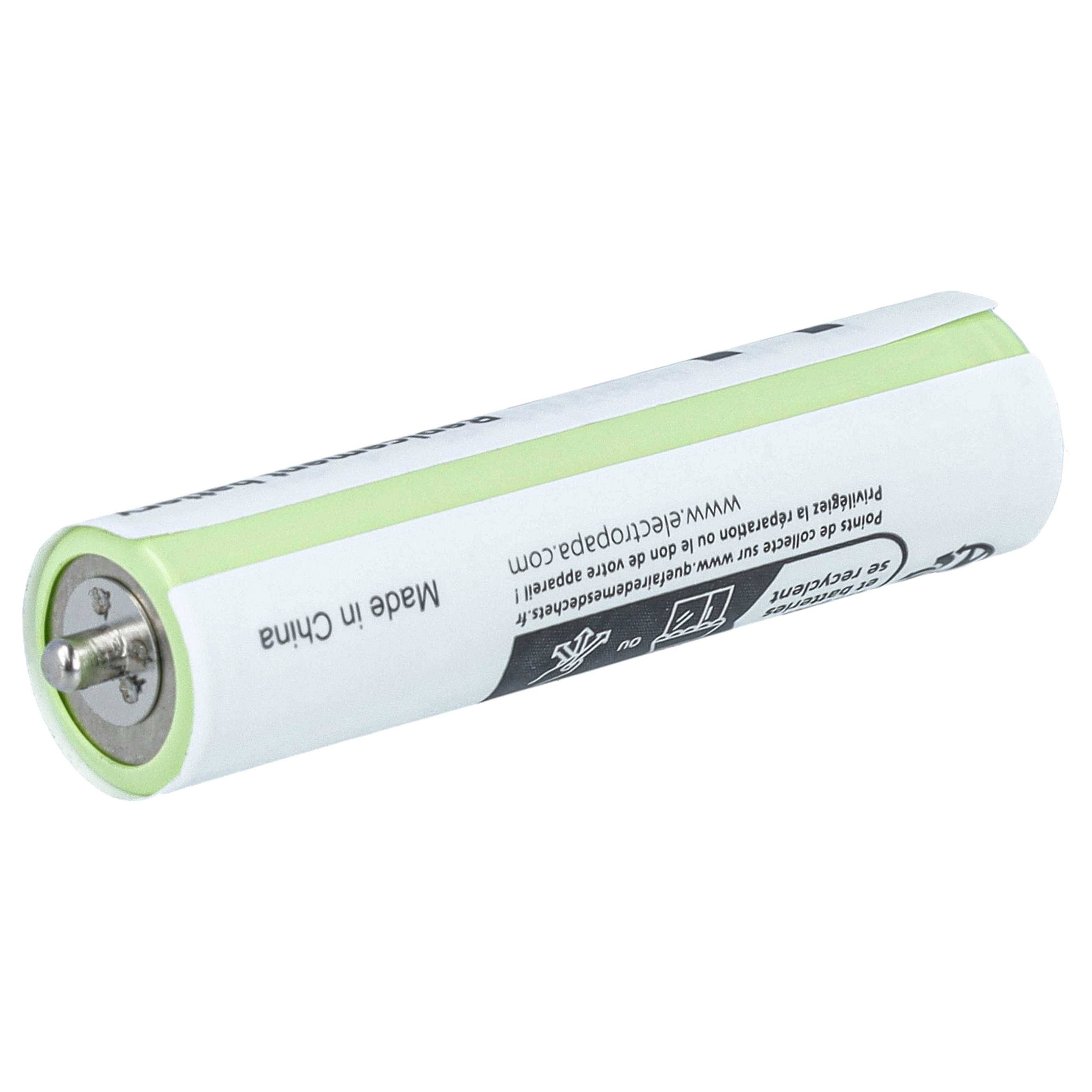 Weiße Lithium-Ionen-Batteriezelle mit grünen Enden, gezeigt auf einfachem weißem Hintergrund.