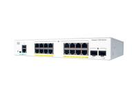 Vorderansicht eines weißen Netzwerk-Switches mit mehreren Ethernet-Anschlüssen und zwei Uplink-Ports auf der rechten Seite.