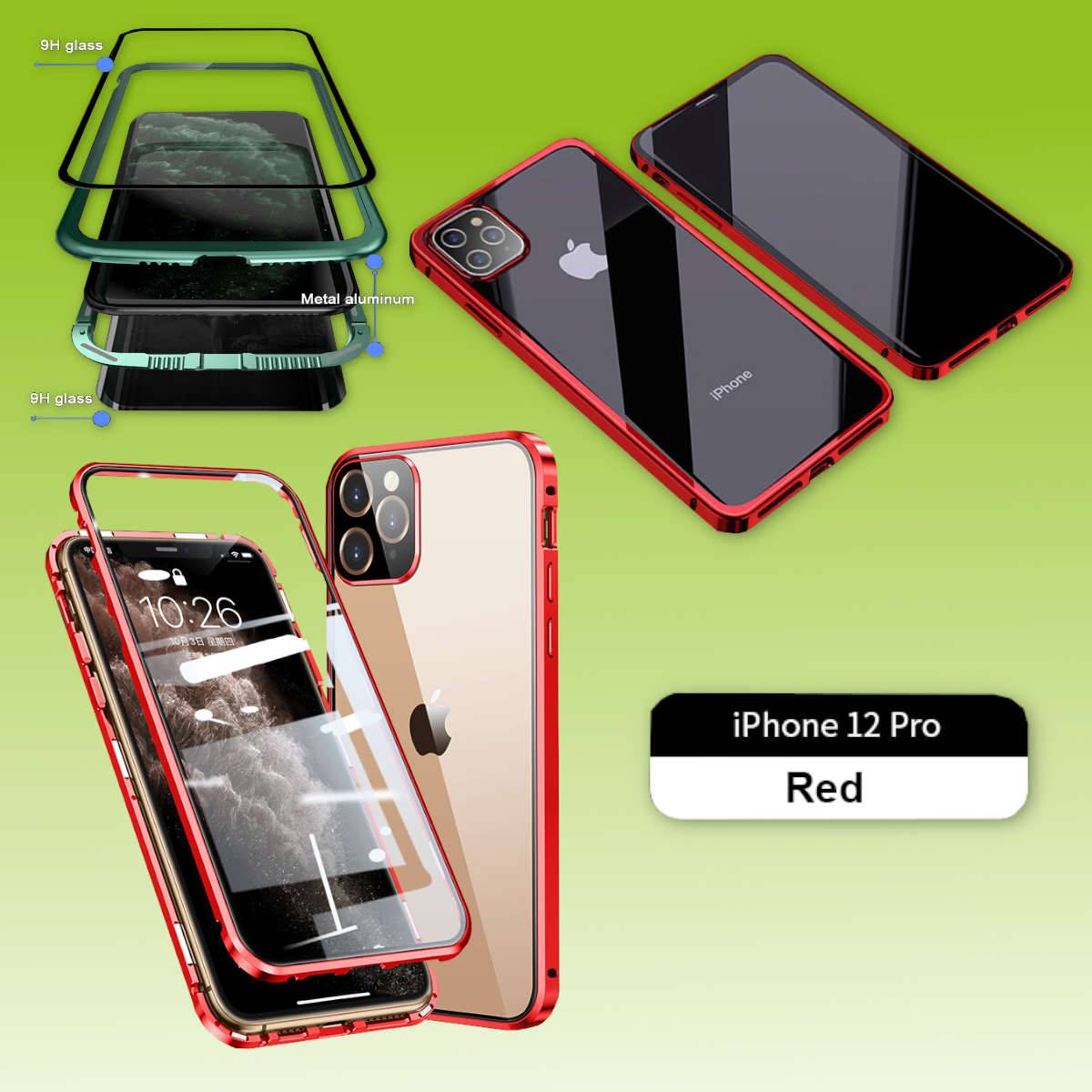 Beidseitiger 360 Grad Magnet / Glas Case Hülle Handy Tasche Bumper Rot für Apple iPhone 12 Pro / iPhone 12 6.1 Zoll