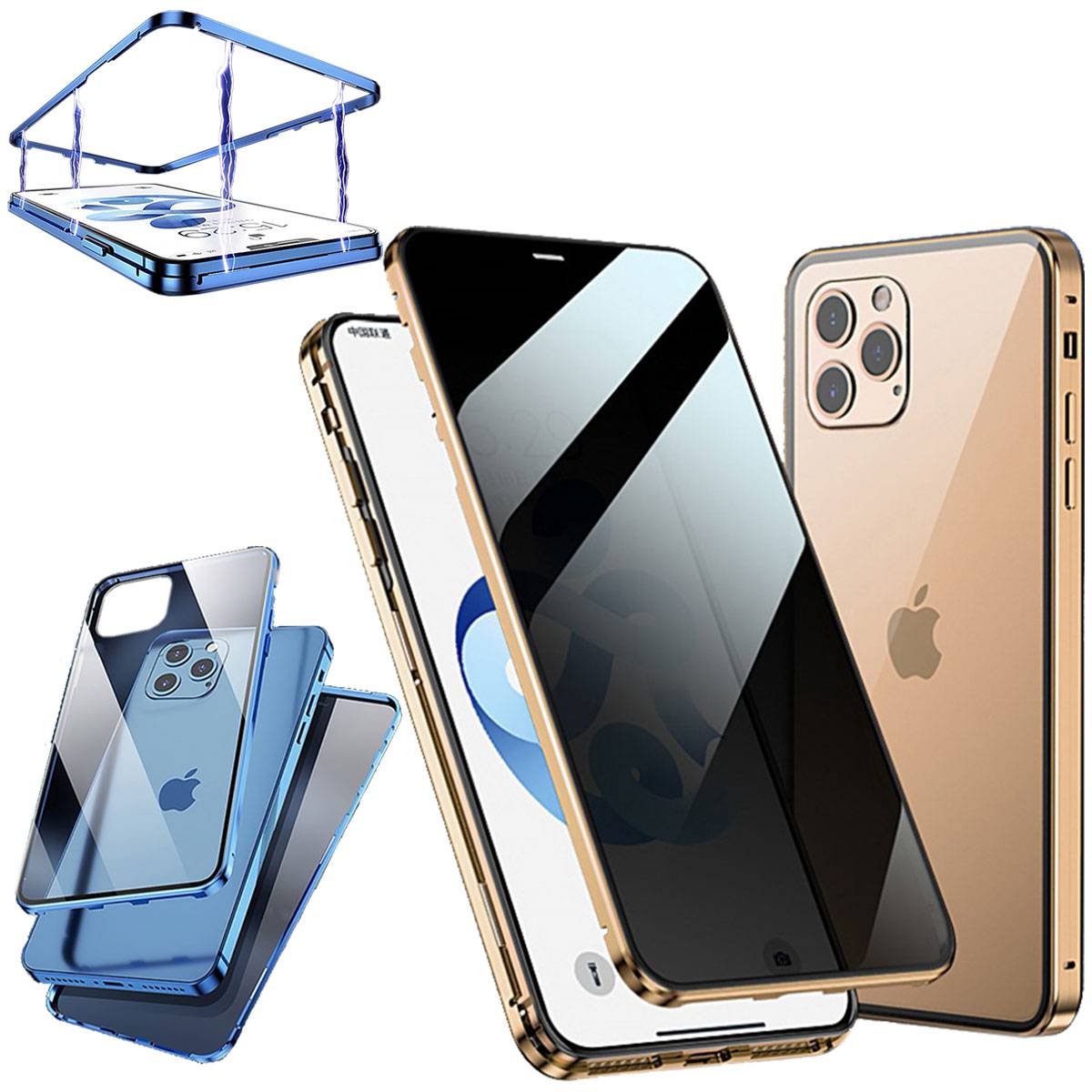 Beidseitiger 360 Grad Magnet / Glas Privacy Mirror Case Hülle Handy Tasche Bumper Gold für Apple iPhone 12 Mini 5.4 Zoll
