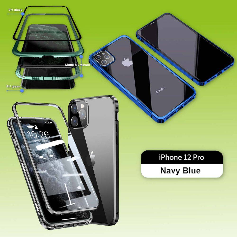 Beidseitiger 360 Grad Magnet / Glas Case Hülle Handy Tasche Bumper Hellblau für Apple iPhone 12 Pro Max 6.7 Zoll